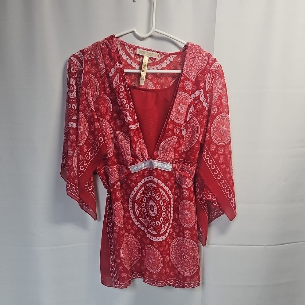 Andrew & Co. Red Bandana Print Kimono Top